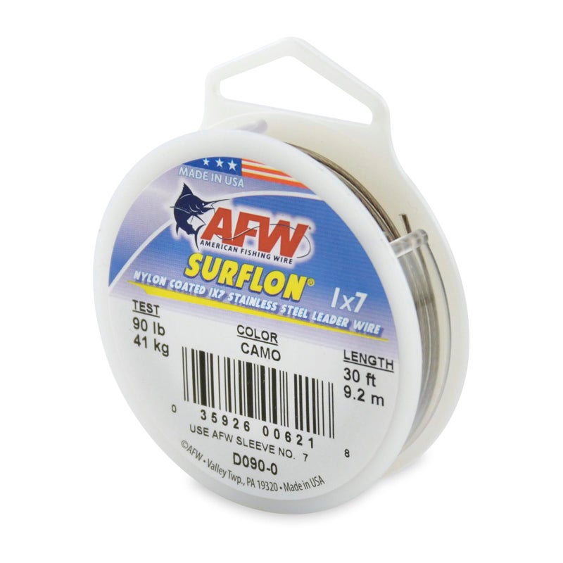 AFW American Fishing Wire Surflon, Nylon Coated 1x7 Stainless Steel Leader Wire, 90 lb Test, .036" Diameter, Camo, 30 ft - Image 1